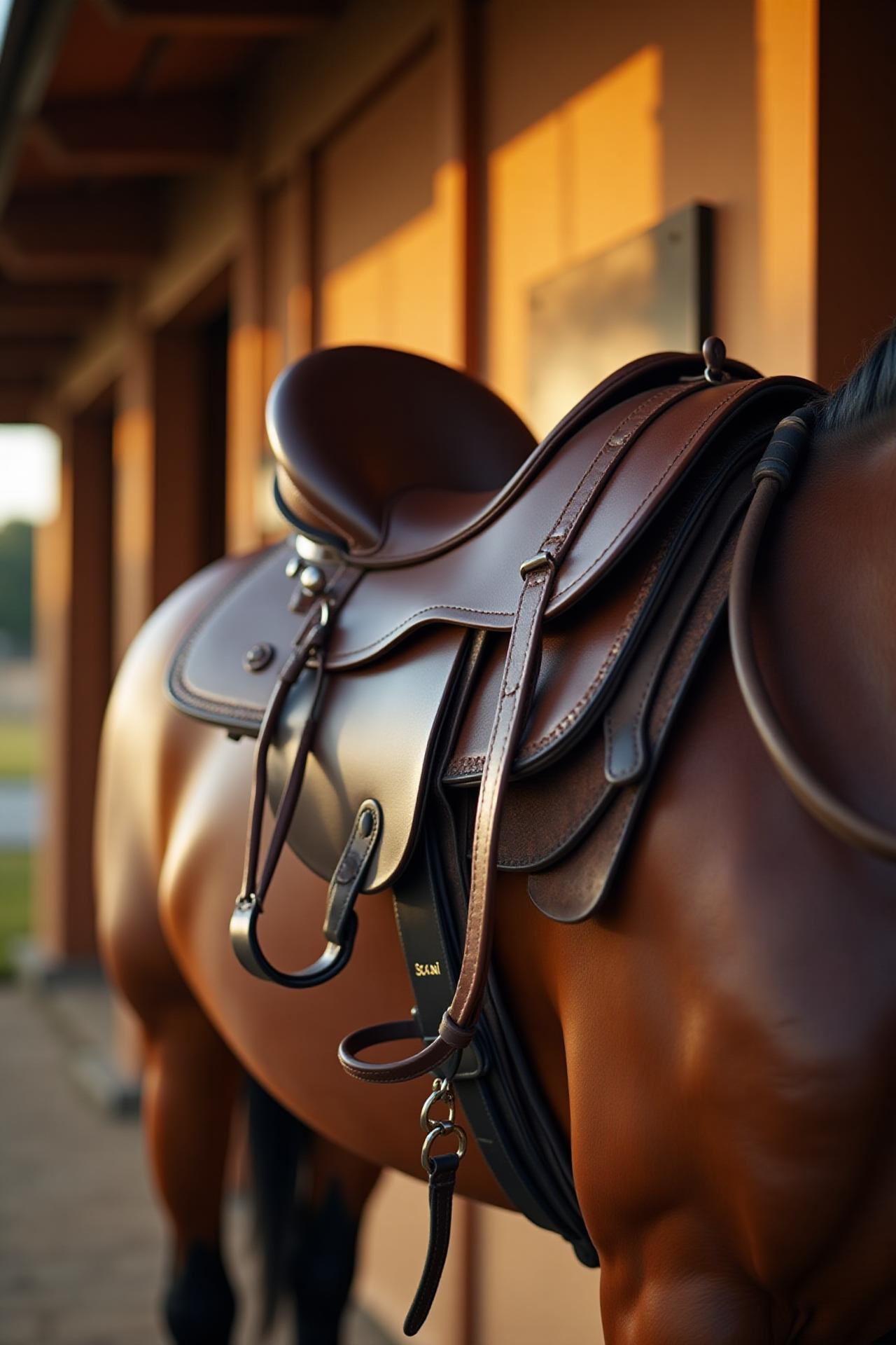 Premium equestrian leather saddle in warm golden light